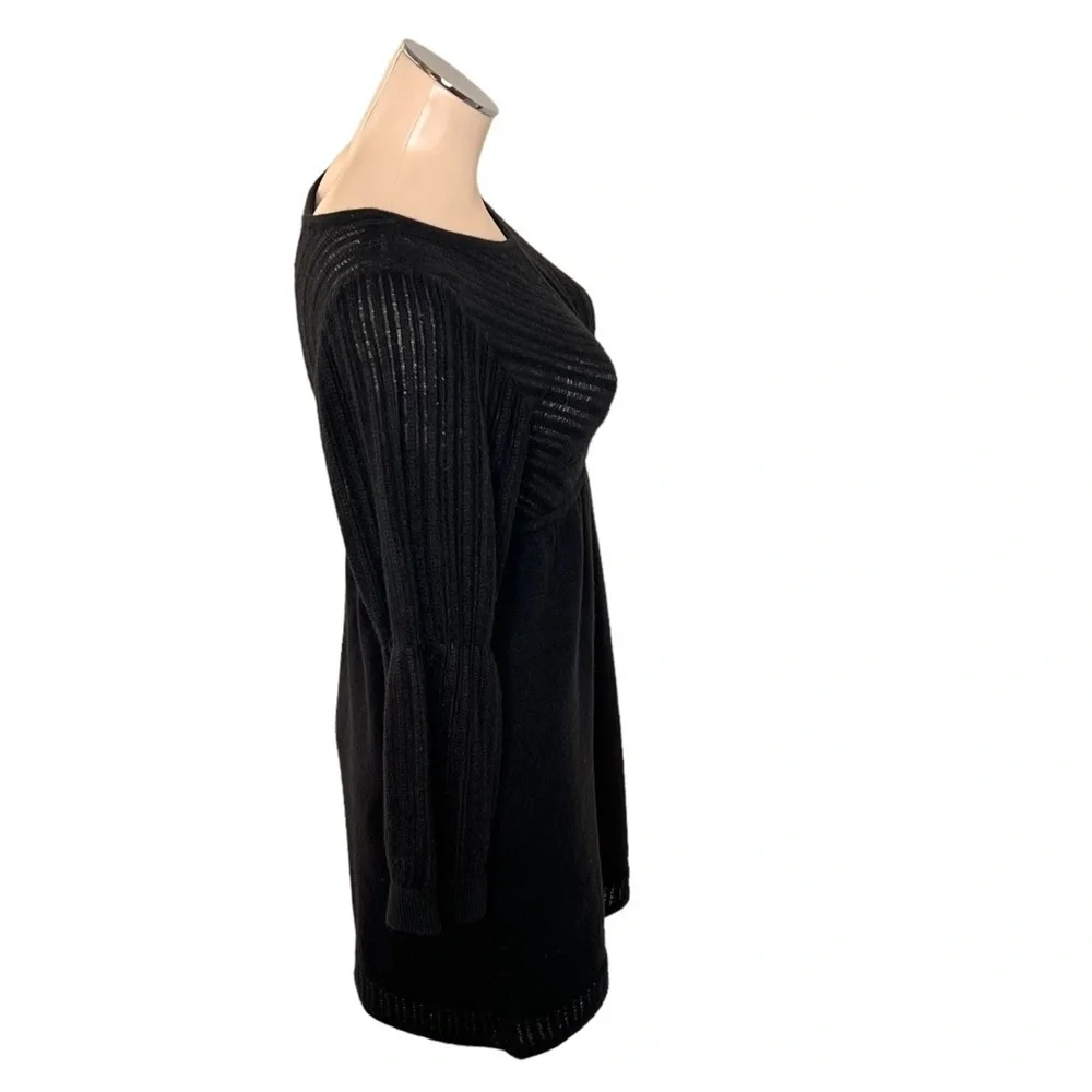 BEBE Black Knit Long Puff Sleeves Front Keyhole Dress LBD Size M
